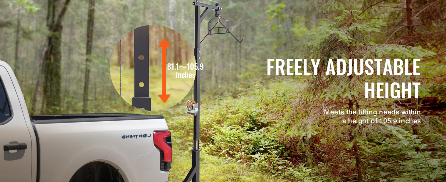 VEVOR hitch mounted deer hoist showing adjustable height from 81.1 to 105.9 inches near a truck bed.