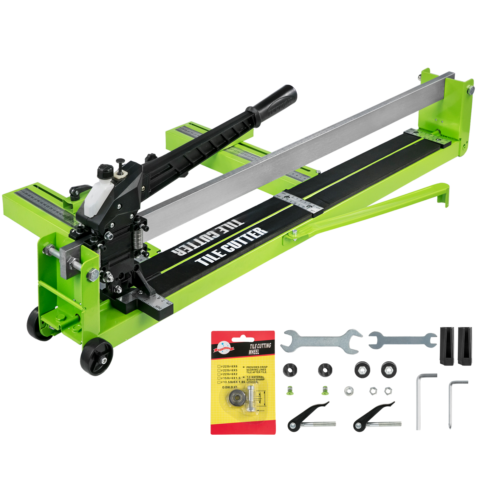 green VEVOR tile cutter with accessories and tools for precise tile cutting.