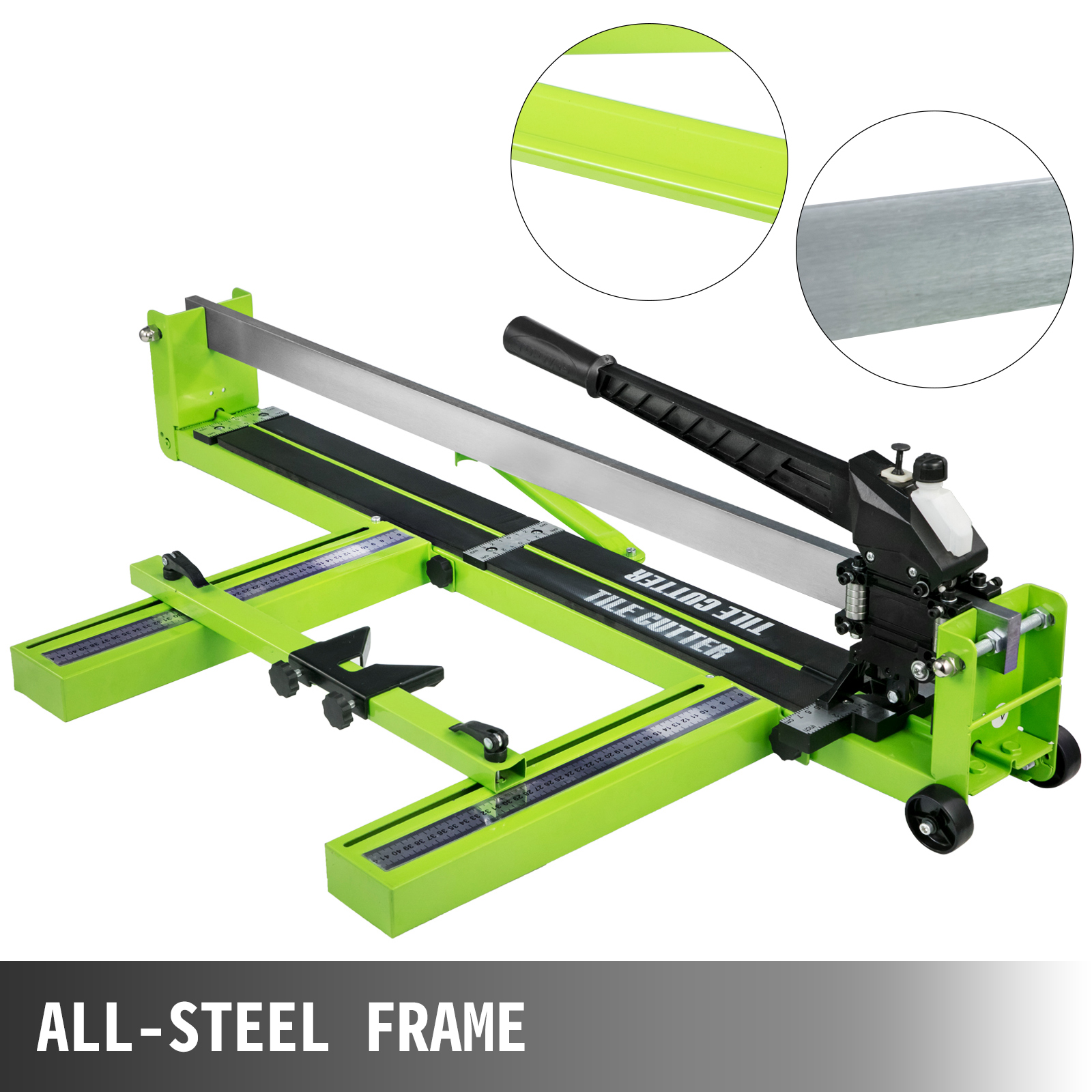 green VEVOR tile cutter with black handle and all-steel frame.
