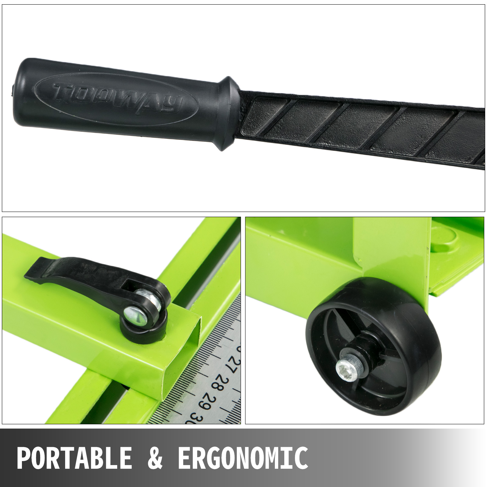 handle, ruler, and wheel components of a VEVOR tile cutter with ergonomic design.