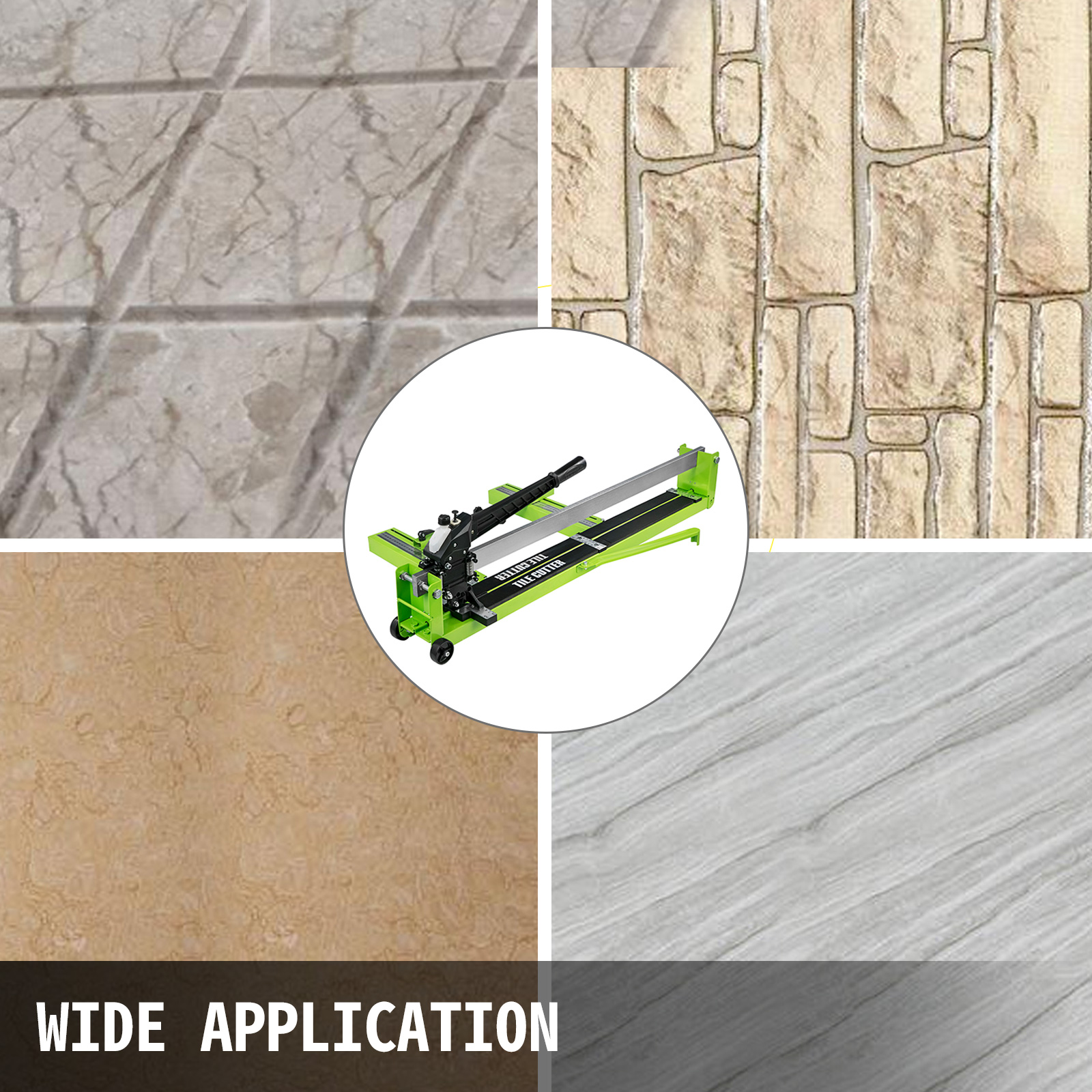 VEVOR tile cutter showcasing applications on stone, brick, ceramic, and wood tiles.