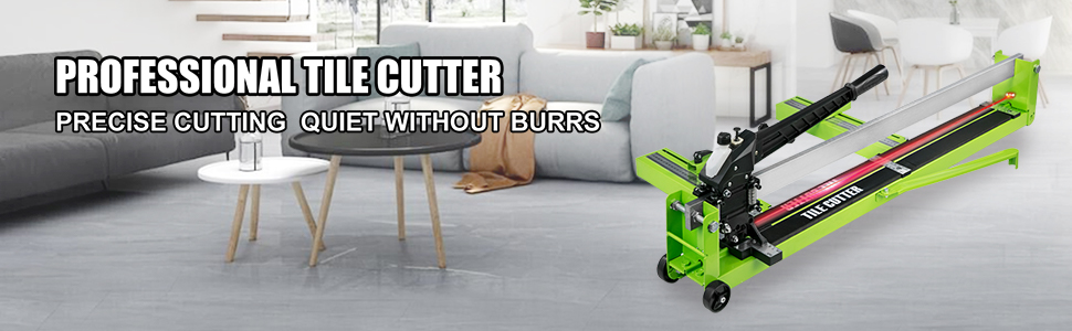 VEVOR tile cutter on a sleek modern floor with sofas and table in the background.