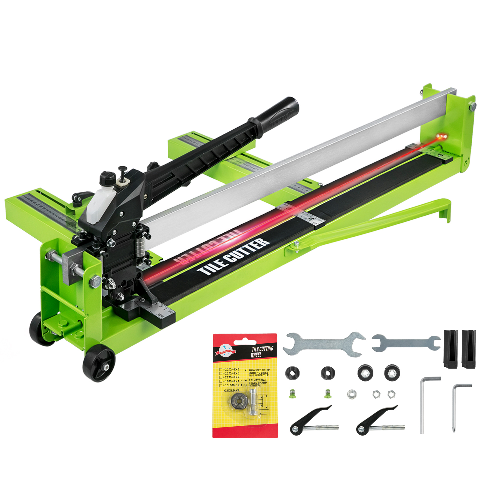 VEVOR tile cutter with handle, rulers, accessories, and tile cutting wheel.