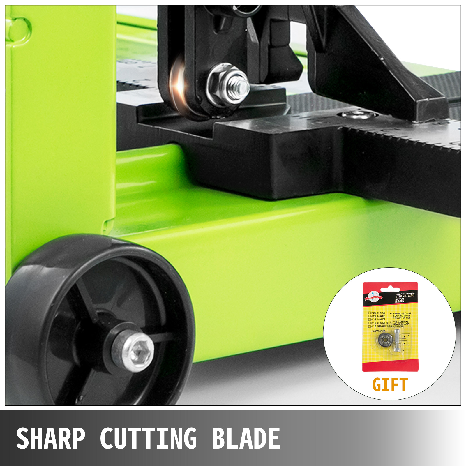 VEVOR tile cutter with a sharp cutting blade and extra tile cutting wheel gift.