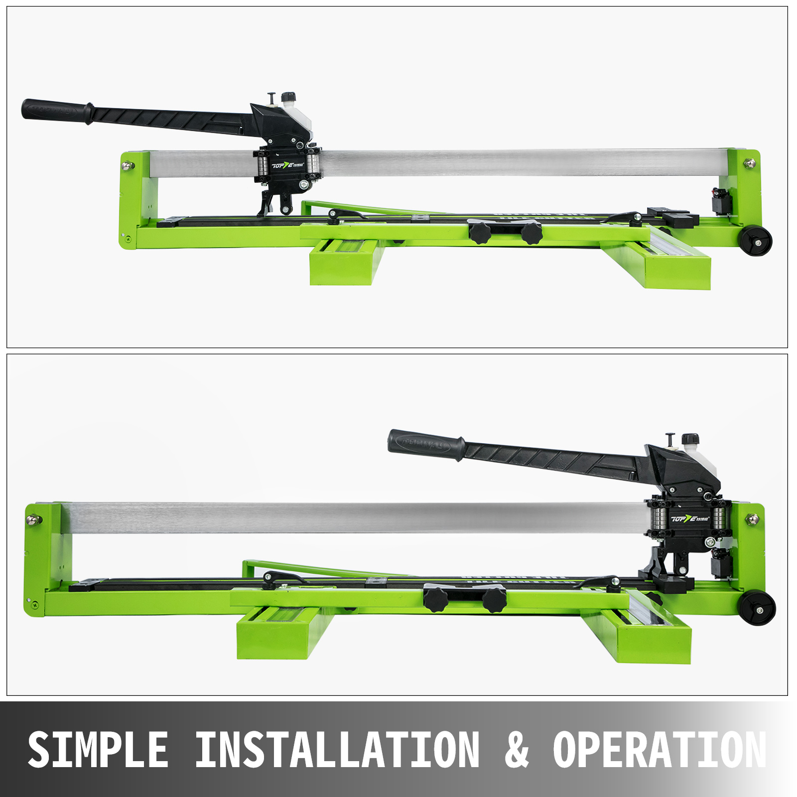 VEVOR tile cutter with green frame and black handle, simple installation and operation.