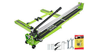 VEVOR tile cutter with lever, extended arms, replacement parts, and tools.