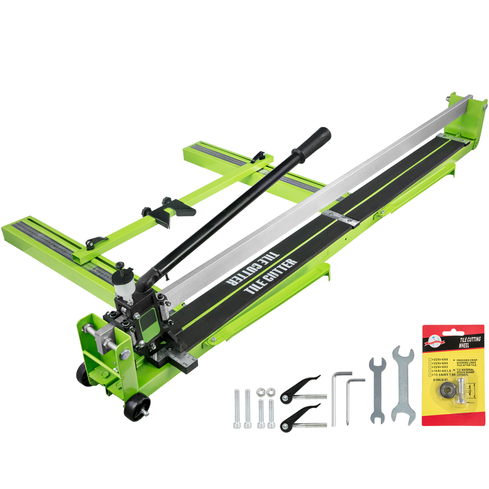 VEVOR tile cutter, green with accessories including wrenches and screws.