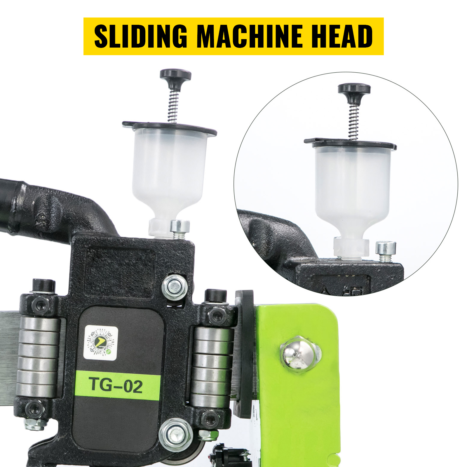 VEVOR tile cutter with sliding machine head and close-up of lubrication system.