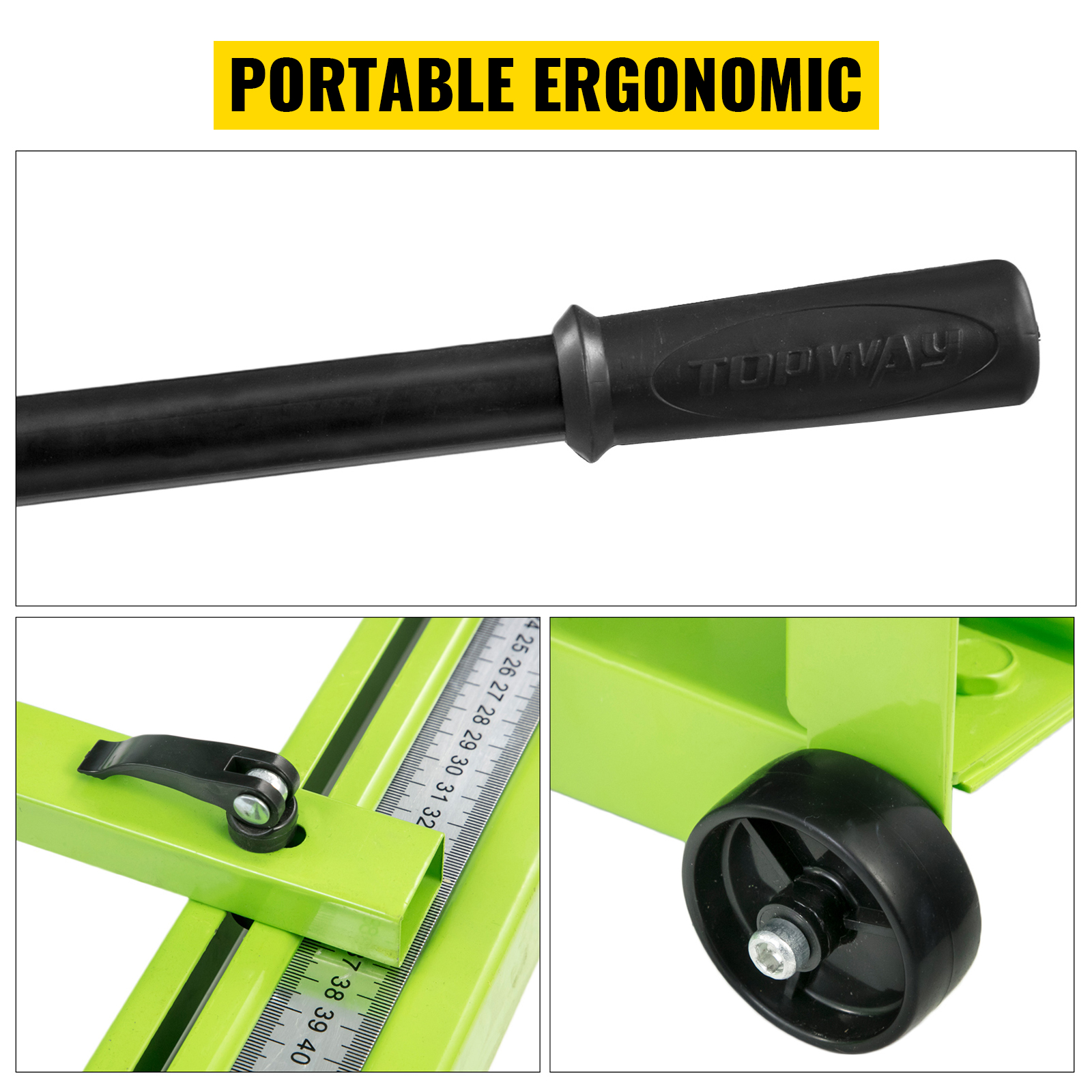 portable ergonomic VEVOR tile cutter with rubber handle, measuring scale, and wheel.