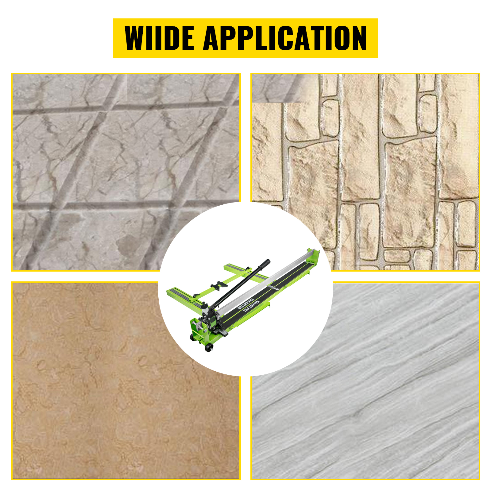 VEVOR tile cutter for various tile textures, featuring gray, beige, stone, and marble tiles.