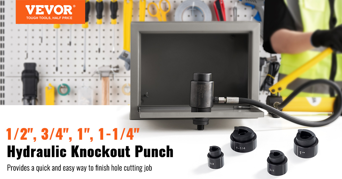 VEVOR hydraulic knockout punch kit in various sizes with tools in background and person working.