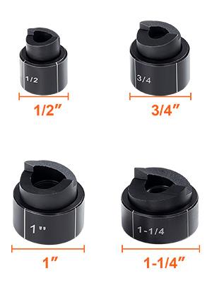 four steel knockout punches labeled 1/2", 3/4", 1", and 1-1/4". VEVOR hydraulic knockout punch kit.