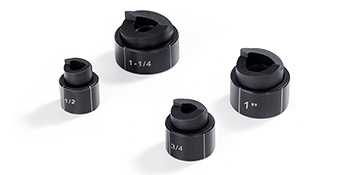 four black cutting dies labeled 1-1/4", 1", 3/4", and 1/2" from the VEVOR hydraulic knockout punch kit.