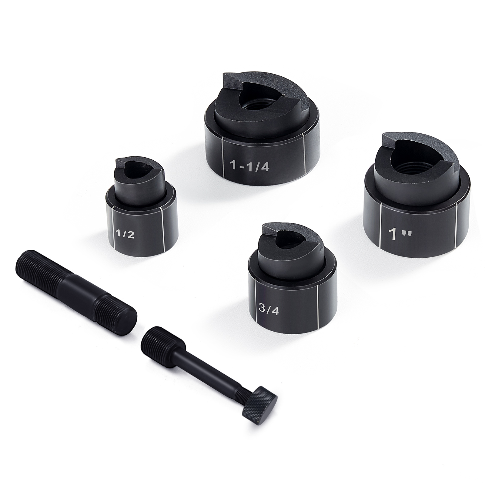 VEVOR hydraulic knockout punch kit with 1/2", 3/4", 1", and 1-1/4" dies and threaded bolts.