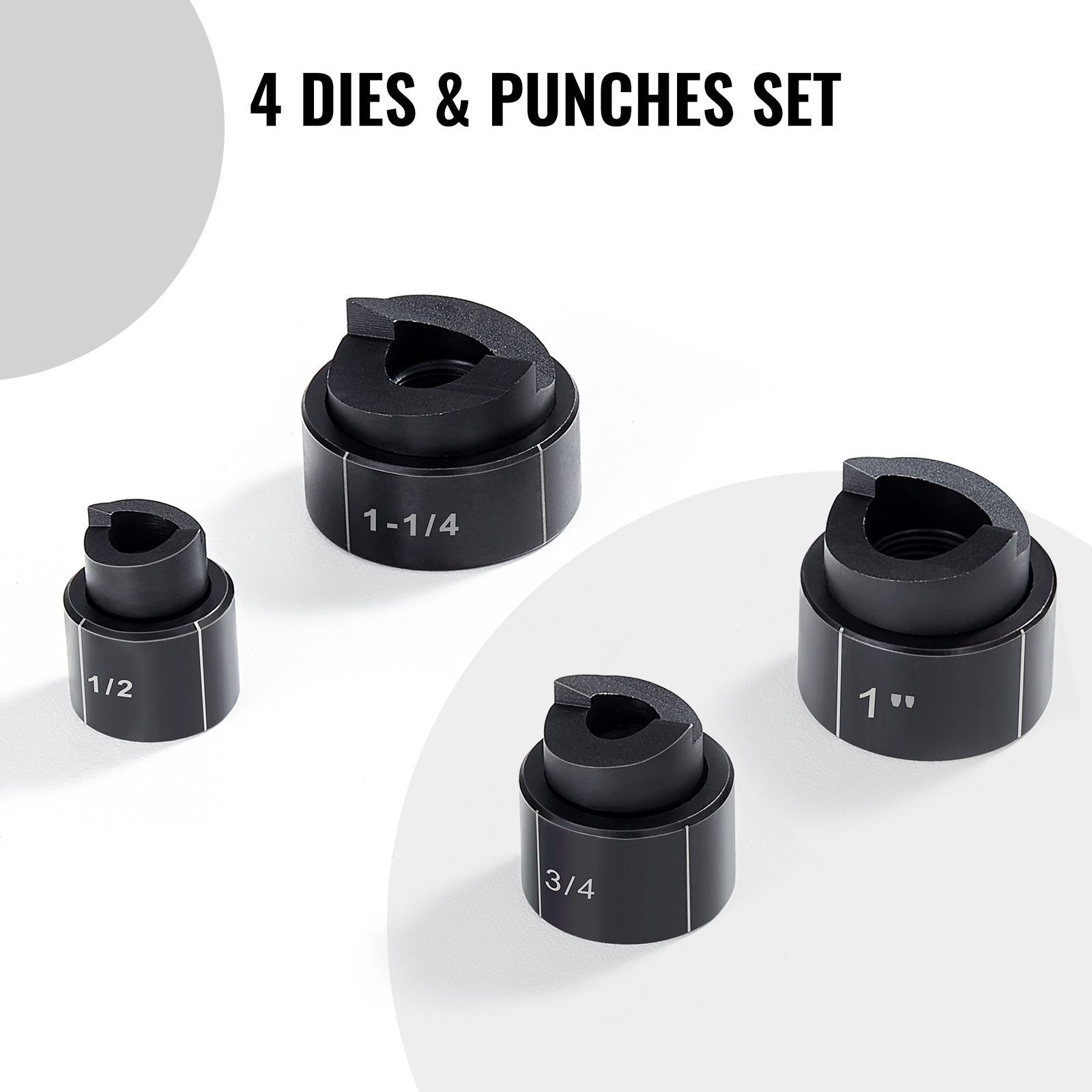VEVOR hydraulic knockout punch kit with 4 dies: 1/2", 3/4", 1", and 1-1/4".