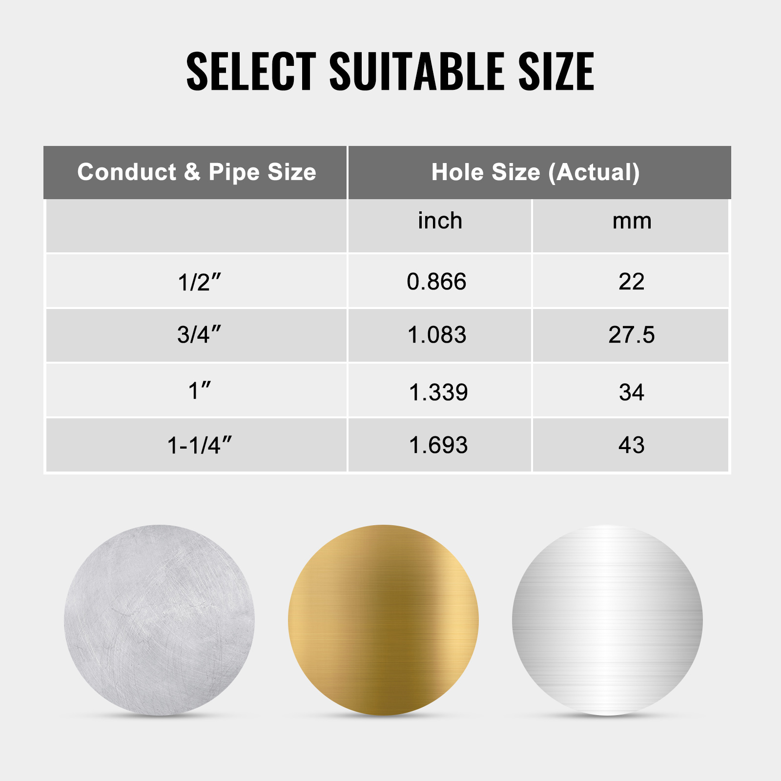 VEVOR hydraulic knockout punch kit size chart and hole size options in inches and millimeters.