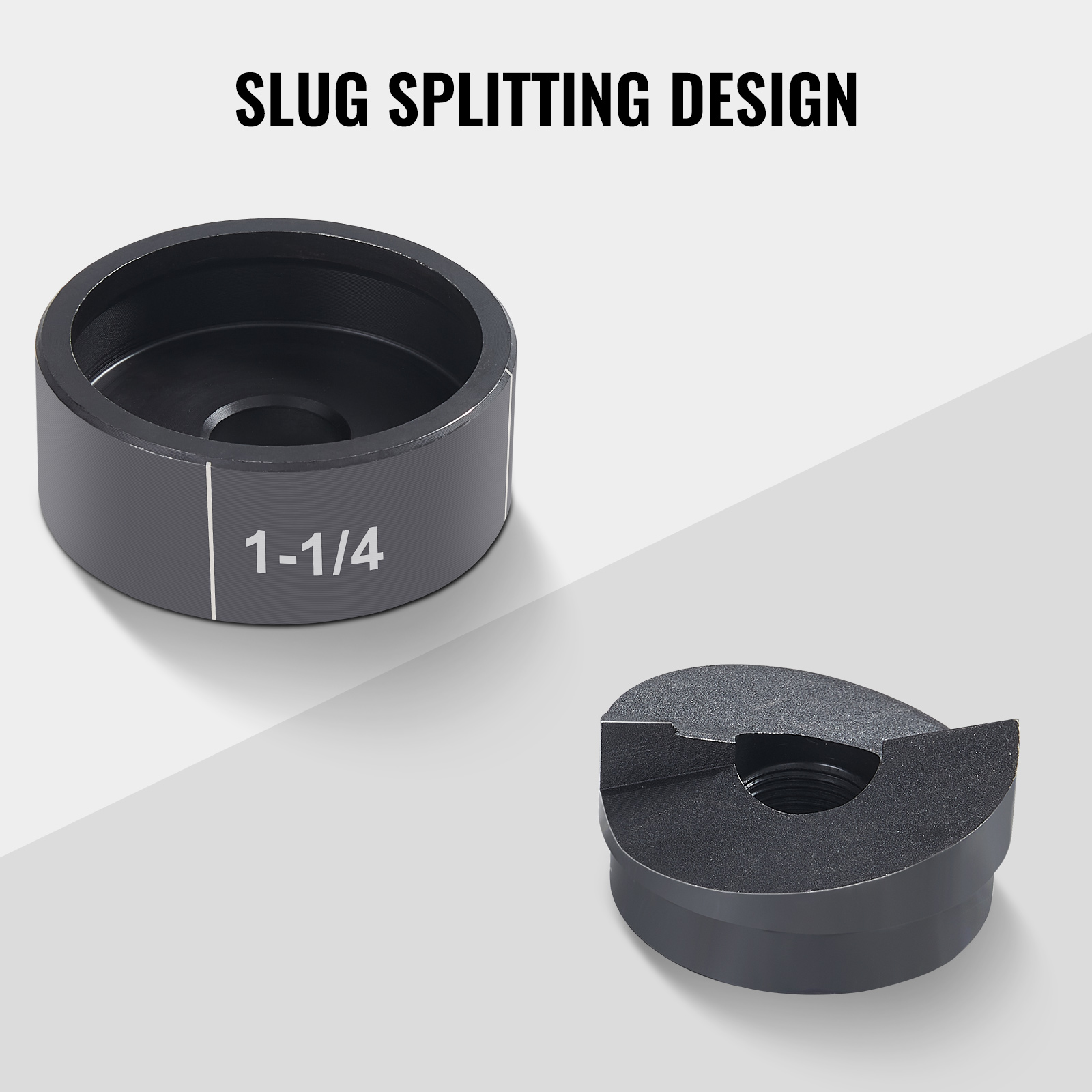 slug splitting design of VEVOR hydraulic knockout punch kit, displaying a 1-1/4 inch round punch die.