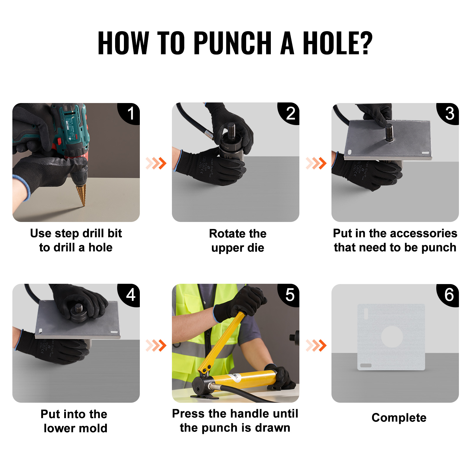 six-step guide to using a VEVOR hydraulic knockout punch kit to punch a hole, with illustrated instructions.