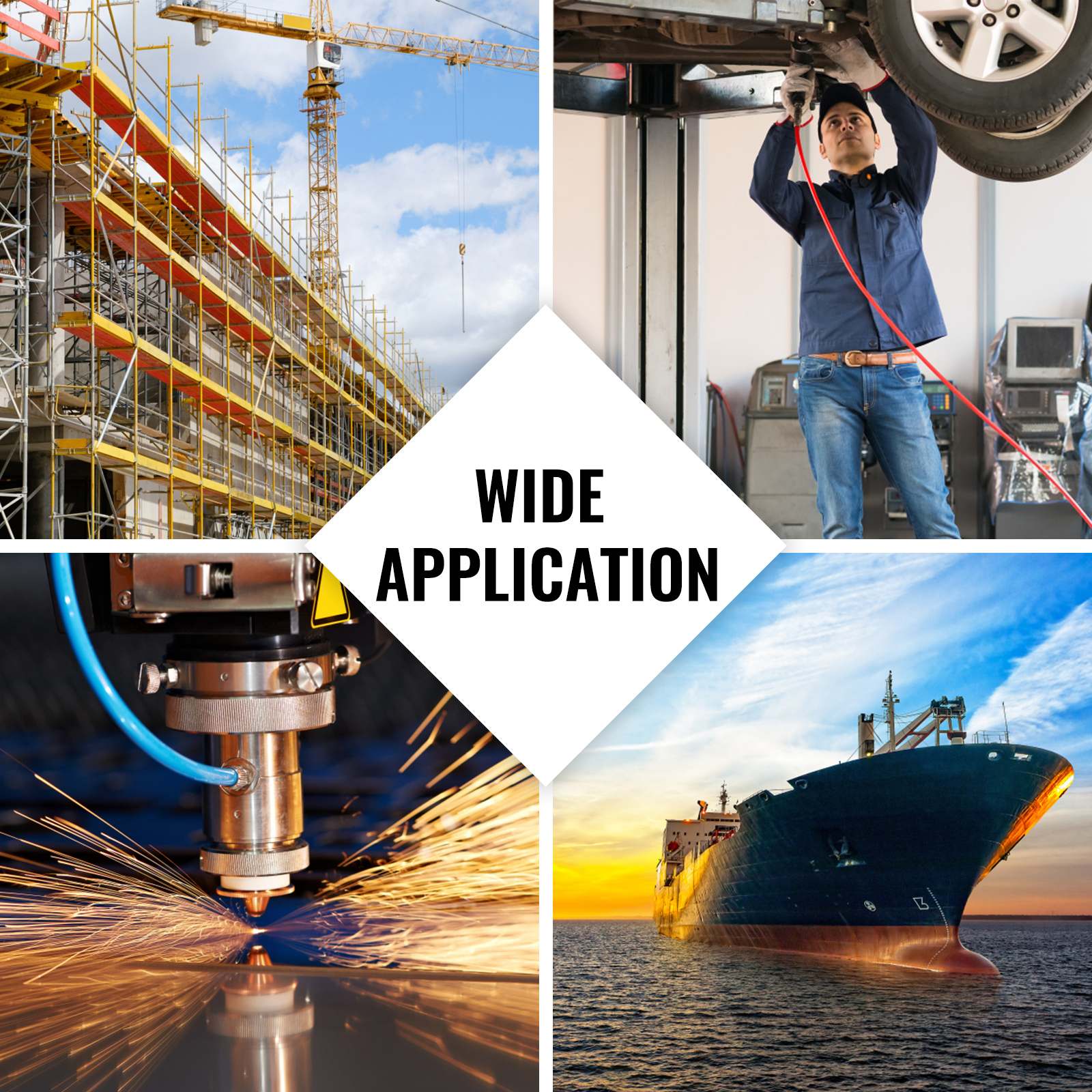 various uses of the VEVOR hydraulic knockout punch kit in construction, automotive repair, metal cutting, and shipping.