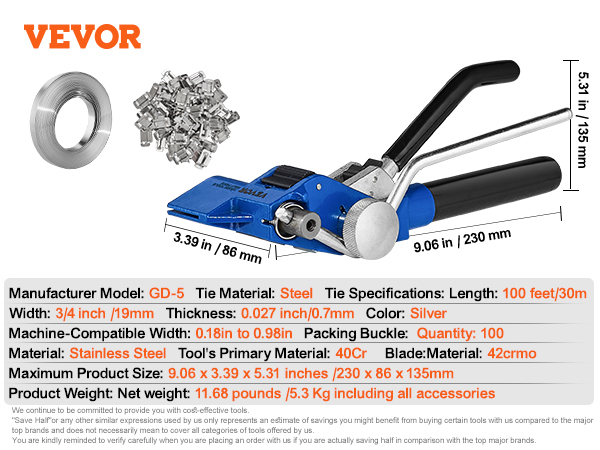 VEVOR banding strapping kit includes tools, steel ties, and buckles, ideal for machine-compatible strapping.