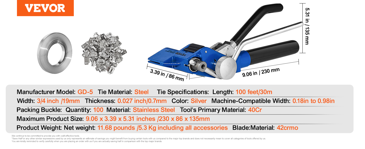 VEVOR banding strapping kit includes tools, steel ties, and buckles, ideal for machine-compatible strapping.