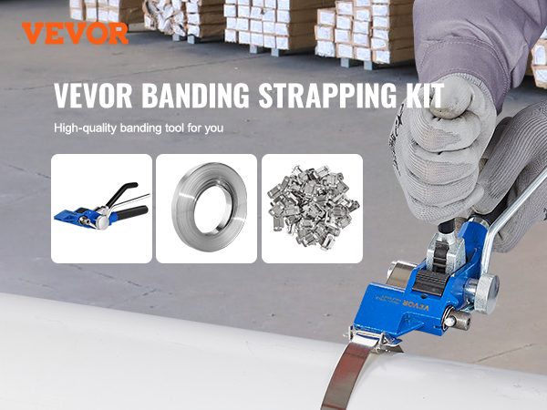 VEVOR banding strapping kit with blue tool, steel band, and clips in a warehouse setting.