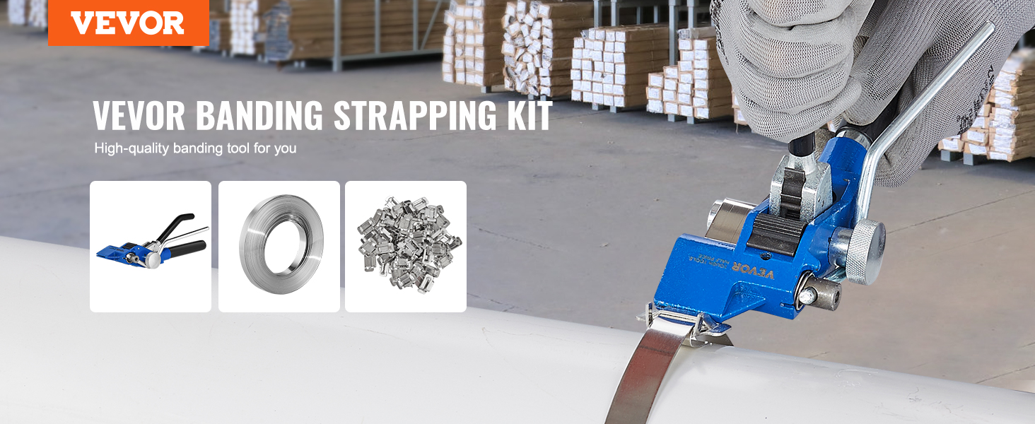 VEVOR banding strapping kit with blue tool, steel band, and clips in a warehouse setting.