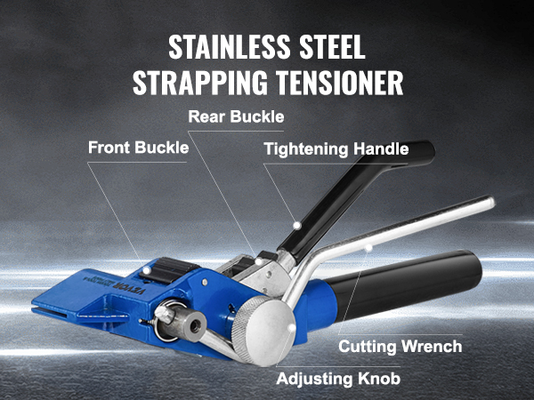 stainless steel strapping tensioner with labeled parts: front buckle, rear buckle, and cutting wrench.