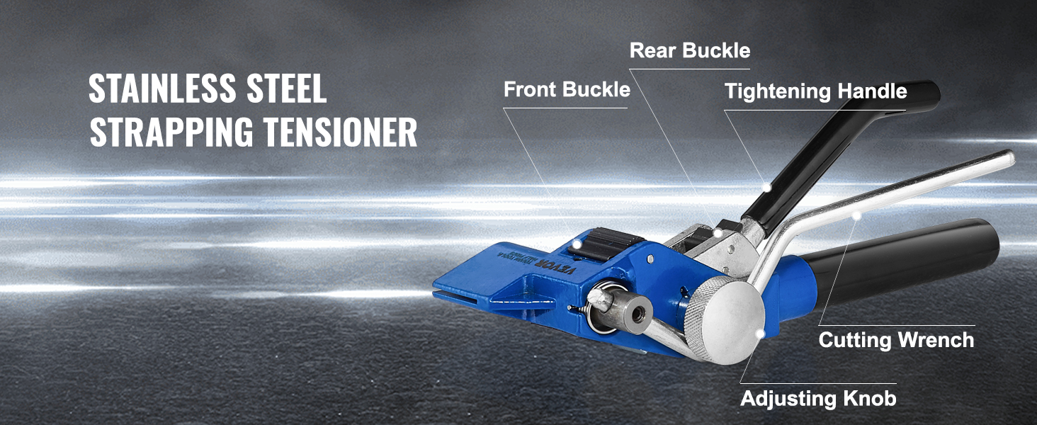 stainless steel strapping tensioner with labeled parts: front buckle, rear buckle, and cutting wrench.