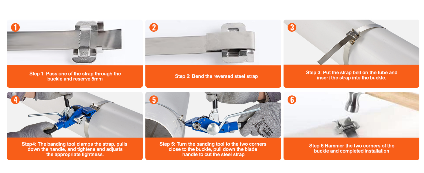 VEVOR banding strapping kit instructions: pass, bend, insert, clamp, cut, hammer, complete installation.