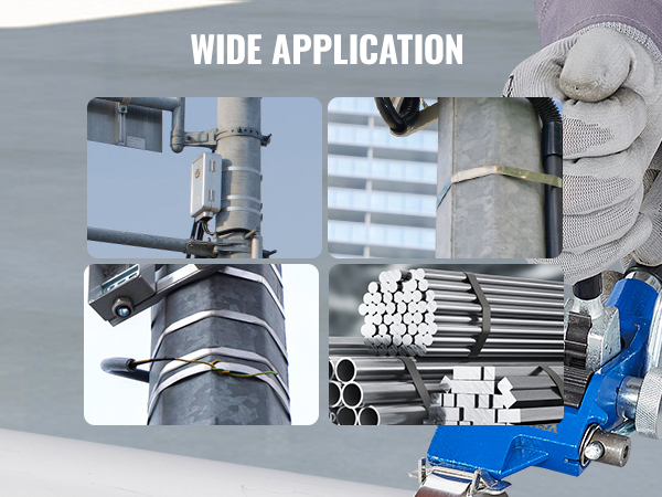 wide applications of VEVOR banding strapping kit on poles and bundles, showcasing its versatility.