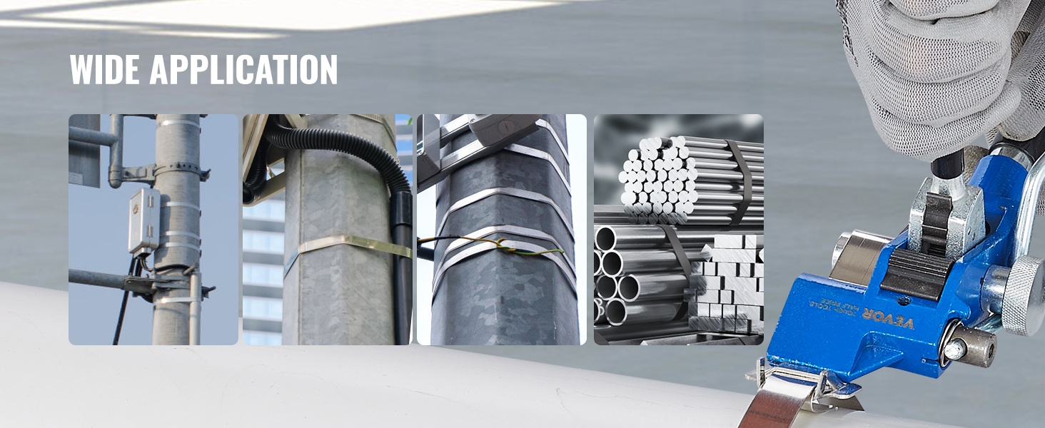 wide applications of VEVOR banding strapping kit on poles and bundles, showcasing its versatility.