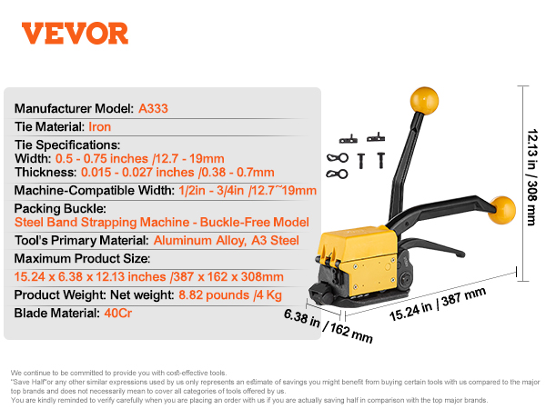 VEVOR steel strapping tool, a333 model dimensions, specs, and materials details displayed alongside the tool.
