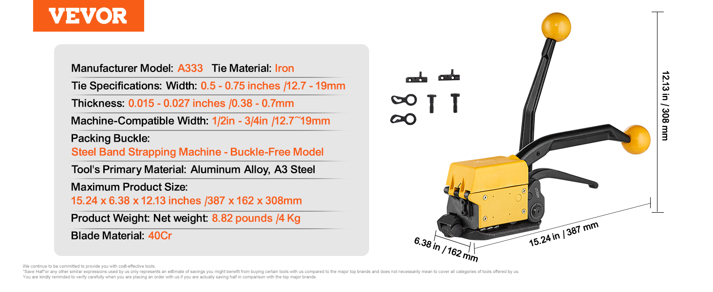 VEVOR steel strapping tool, a333 model dimensions, specs, and materials details displayed alongside the tool.