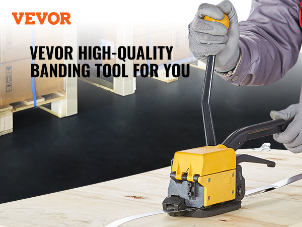worker using VEVOR steel strapping tool to secure pallets, with VEVOR branding in background.
