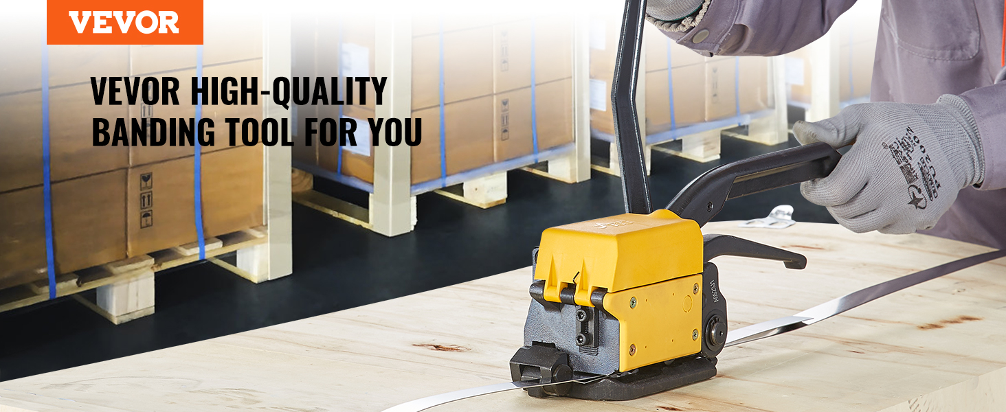 worker using VEVOR steel strapping tool to secure pallets, with VEVOR branding in background.