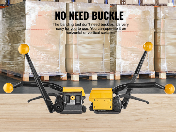 VEVOR steel strapping tool with yellow handles on a wooden surface, pallets in the background.