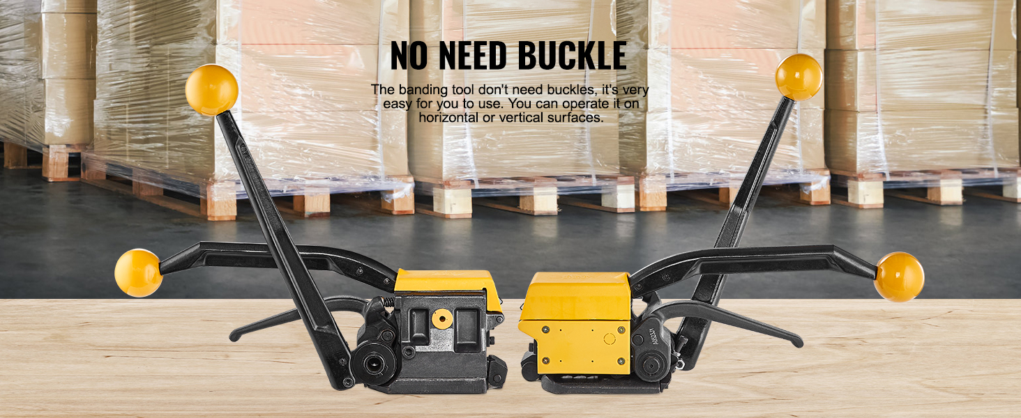 VEVOR steel strapping tool with yellow handles on a wooden surface, pallets in the background.