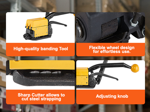 VEVOR steel strapping tool with flexible wheel design, sharp cutter, and adjustable knob for easy use.
