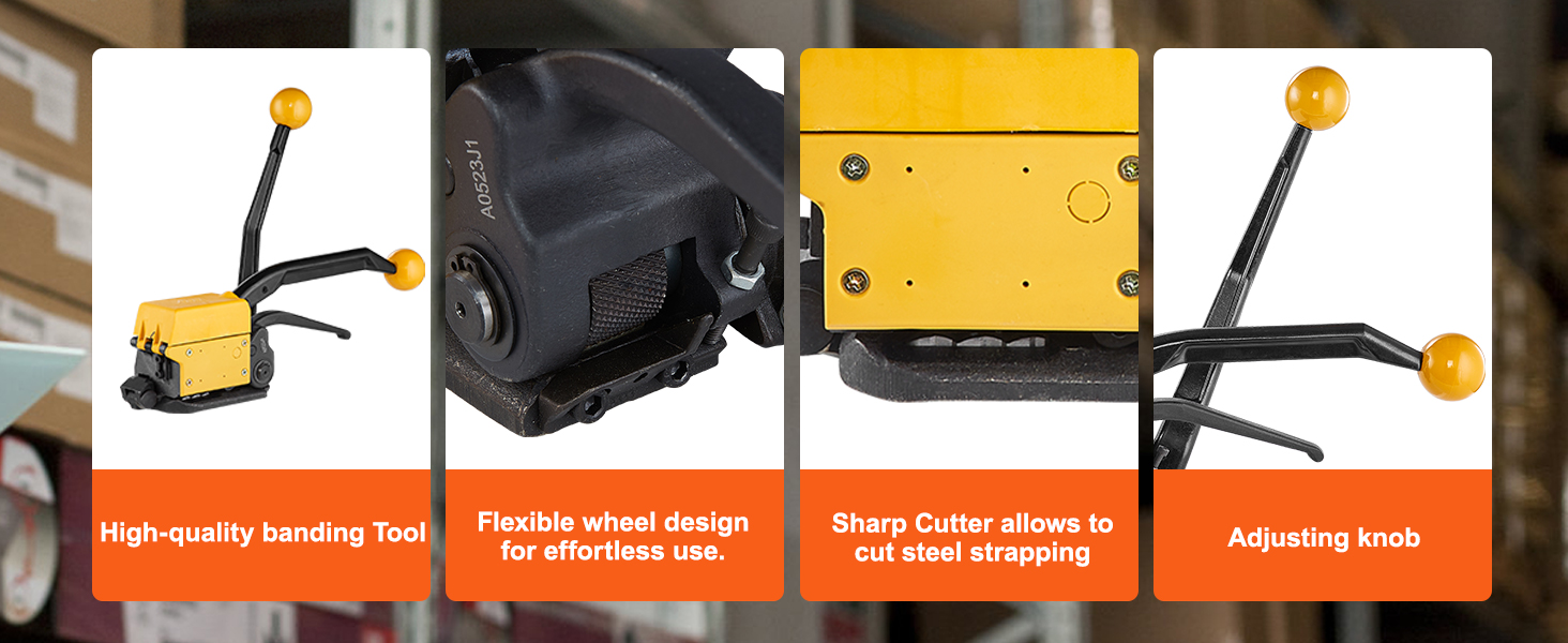 VEVOR steel strapping tool with flexible wheel design, sharp cutter, and adjustable knob for easy use.