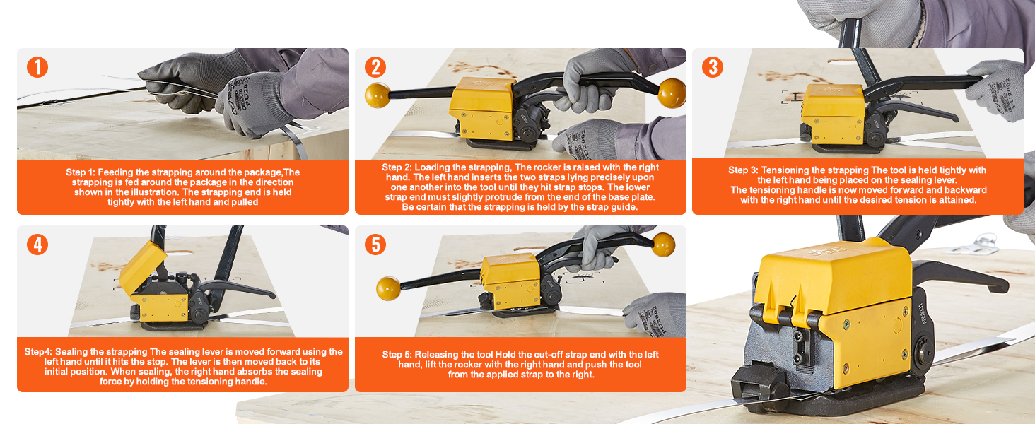 VEVOR steel strapping tool operation steps: feeding, loading, tensioning, sealing, and releasing.