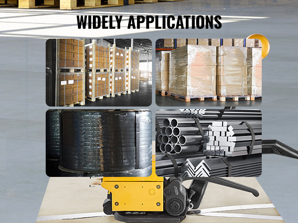 VEVOR steel strapping tool for packaging applications with pallets, boxes, and metal pipes.