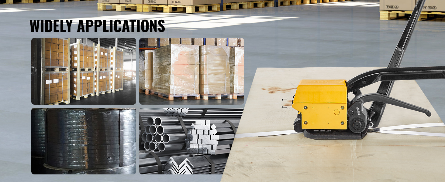 VEVOR steel strapping tool for packaging applications with pallets, boxes, and metal pipes.