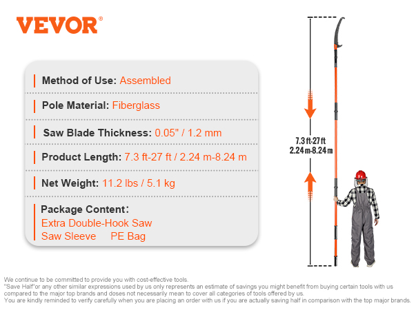 VEVOR manuālais staba zāģis ar samontētu stikla šķiedras stabu, dubultā āķa zāģi un pe somu, 7,3 ft-27 ft.