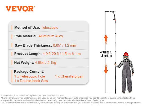 VEVOR manual pole saw package with telescopic pole, double-hook saw, and chenille brush.