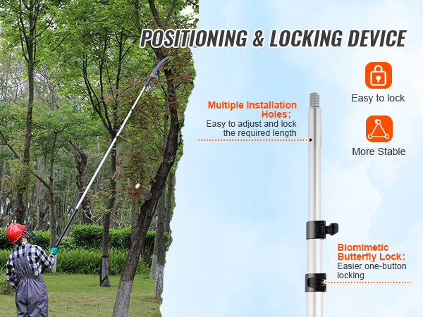 person using VEVOR manual pole saw in a forest with adjustable and stable locking mechanisms