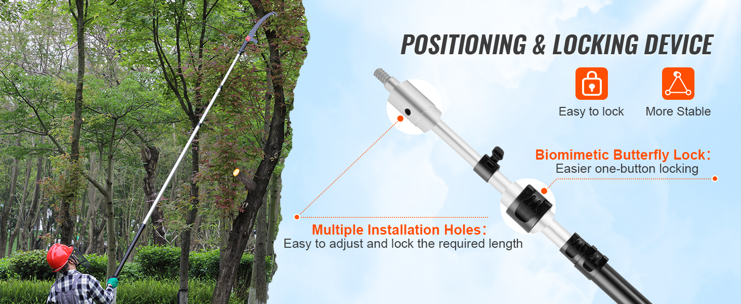 person using VEVOR manual pole saw in a forest with adjustable and stable locking mechanisms