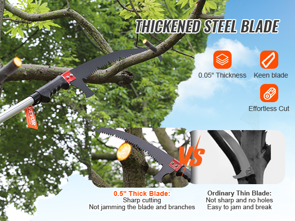 VEVOR manual pole saw cutting tree branches with thickened steel blade; comparison with ordinary thin blade.