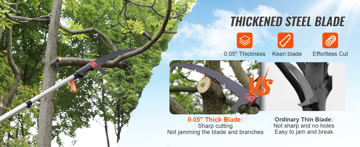VEVOR manual pole saw cutting tree branches with thickened steel blade; comparison with ordinary thin blade.