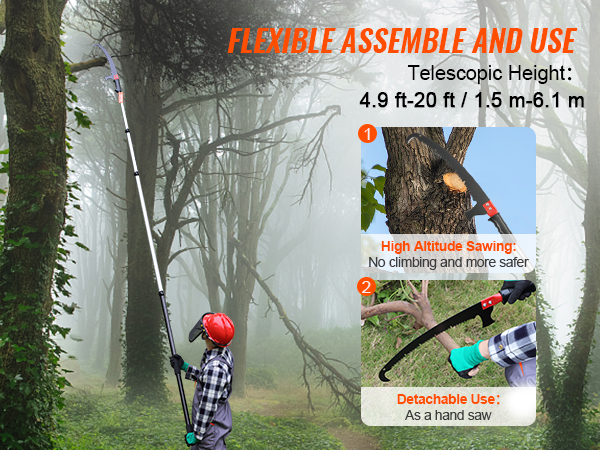 person using VEVOR manual pole saw on tall tree, showcasing high altitude sawing and detachable hand saw.